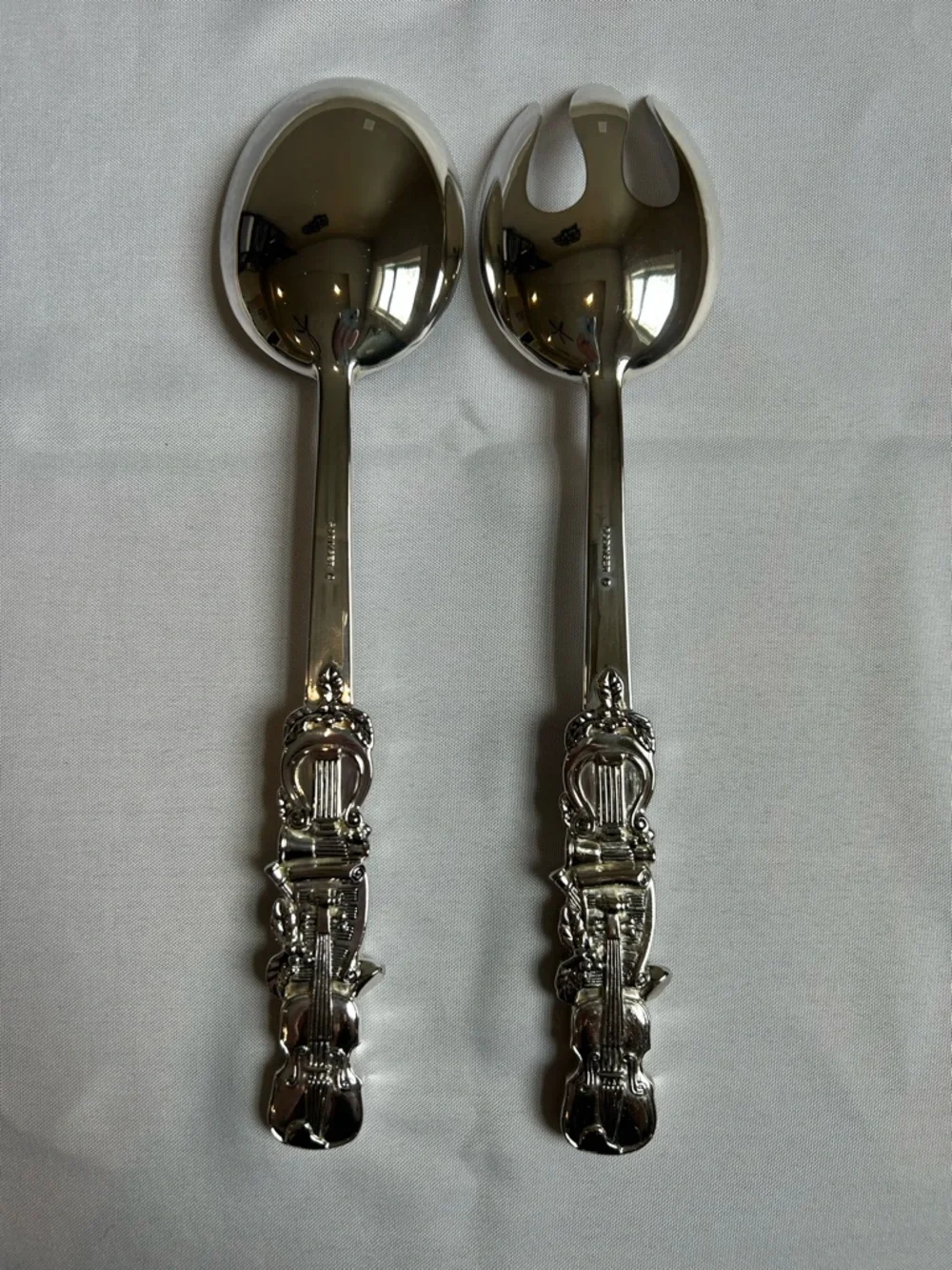 Godinger Silver Plate Salad Spoon & Fork Holiday Violin & Harp